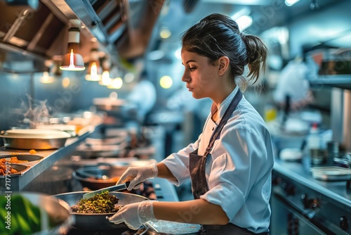 Woman chef directs team with expertise in restaurant kitchen. Lady chef meticulously crafts dish from menu ensuring caters to delight of guests at counter photo