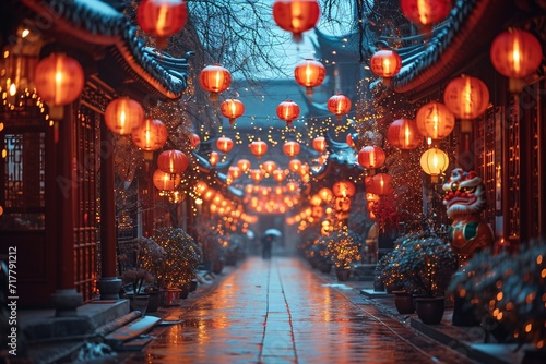 Chinese New Year Celebration: A Luminous Nighttime Walkway Adorned with Red Lanterns and Potted Plants Generative AI