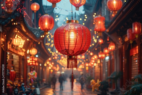Chinese New Year Celebration: Red Lanterns and Decorations Light Up the Night Sky Generative AI