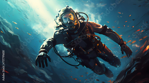 Photo A scuba diver in a deep blue sea