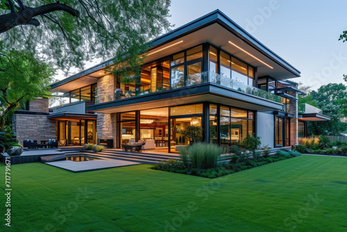 A contemporary home with a large glass front, lawn and a patio © Kien