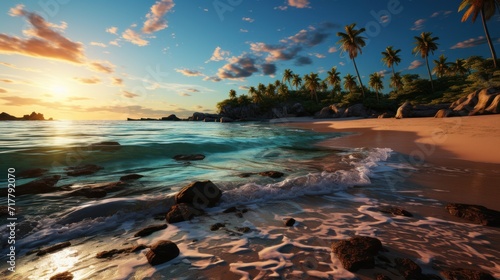 concept lettering on the beach sand of exotic caribbean island  beautiful sea sunrise with palm trees.