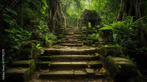 Stone staircase in jungle  A mysterious path unfolds as a stone staircase leads to a hidden doorway  ancient architecture. 