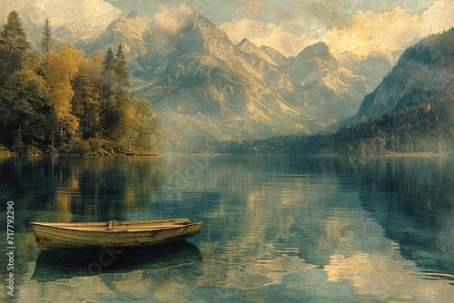 Autumn's Embrace: A Serene Lake Scene with a Boat Generative AI