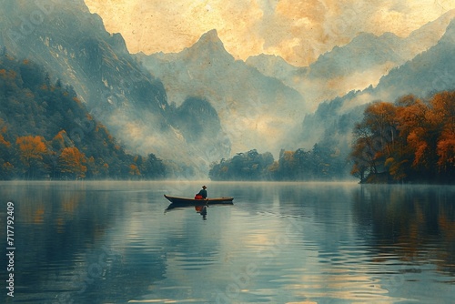 Autumn's Serenity: A Man in a Boat on a Lake Generative AI © Aryan