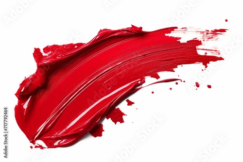 Vivid red lipstick smear swatch isolated on white background, high gloss photo