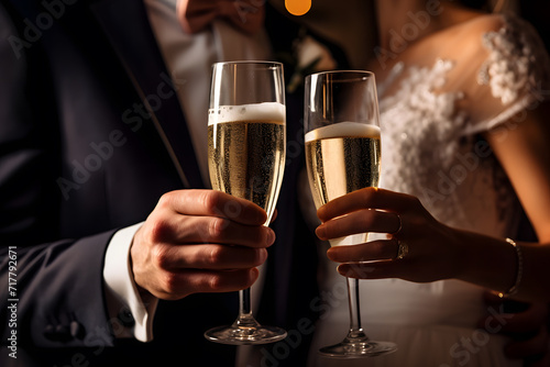 Detail of bride and groom toasting with champagne