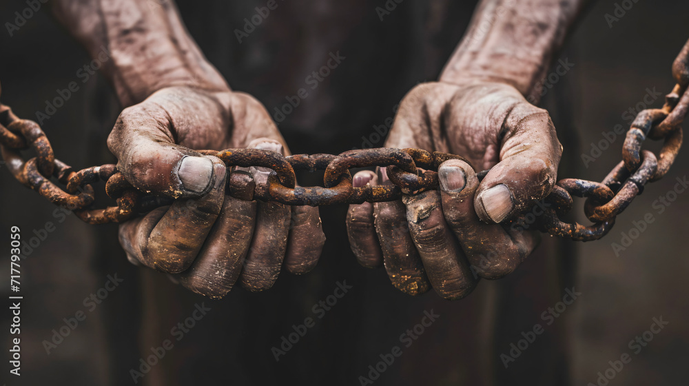Photo two male hands holding a rusty metal chain - obrazy, fototapety, plakaty 