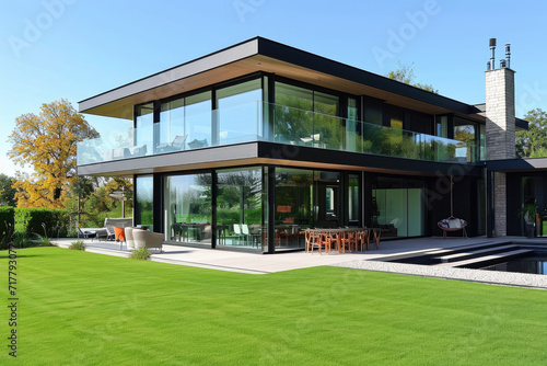 A contemporary home with a large glass front, lawn and a patio © Kien