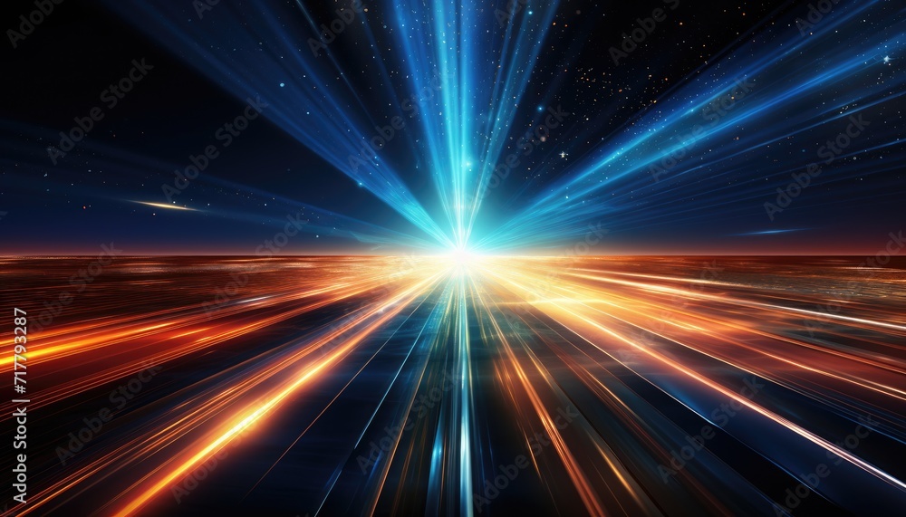 Futuristic high-speed movement with blue rays of light on an abstract background.