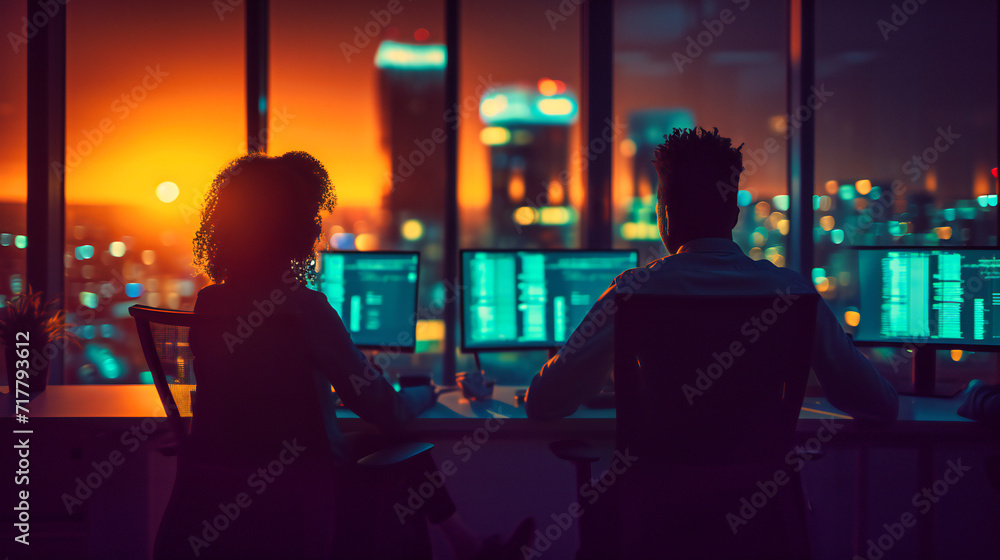 Nighttime at the Corporate Office: Team of Businesspeople Working Together, Symbolizing Modern Entrepreneurship Nighttime at the Corporate Office: Team of Businesspeople Working Together, Symbolizing Modern Entrepreneurship