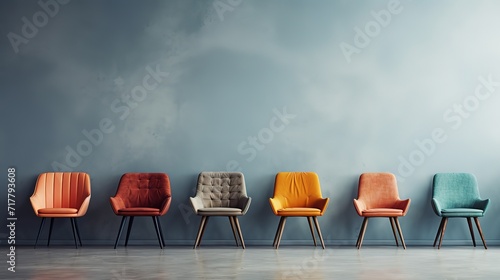 Rows of colorful chairs in front of a textured gray wall. generative AI