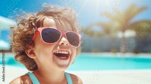 Happy little kid in sunglasses by the pool in summer. A space for the text. Summer, vacations, traveling with children, recreation and entertainment concepts.