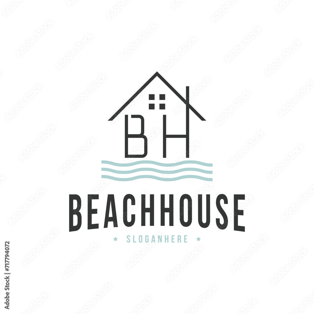 Beach house logo design vintage retro with initial letter bh