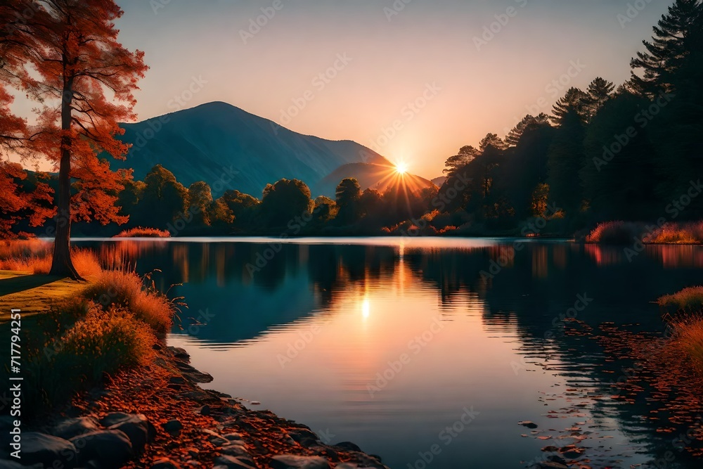 sunset over the autumn lake