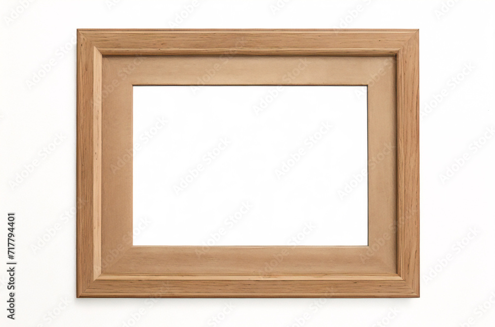 Fototapeta premium Marco vertical rectangular fino de madera clara colgado en una pared con textura blanca, plano, vista superior, ilustración 3D.