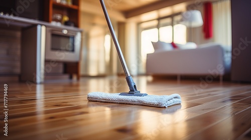 Mopping parquet floor with cleanser foam and cleaning tools for thorough cleaning