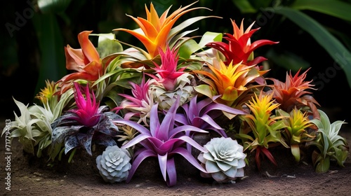 A cluster of Bromeliad Bonsai plants arranged in a harmonious composition, highlighting the diversity of shapes and colors within the Bromeliaceae family. photo
