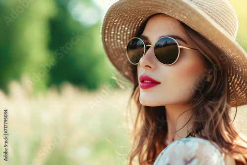 A pretty woman enjoying a sunny day in summer, wearing stylish sunglasses and a chic hat