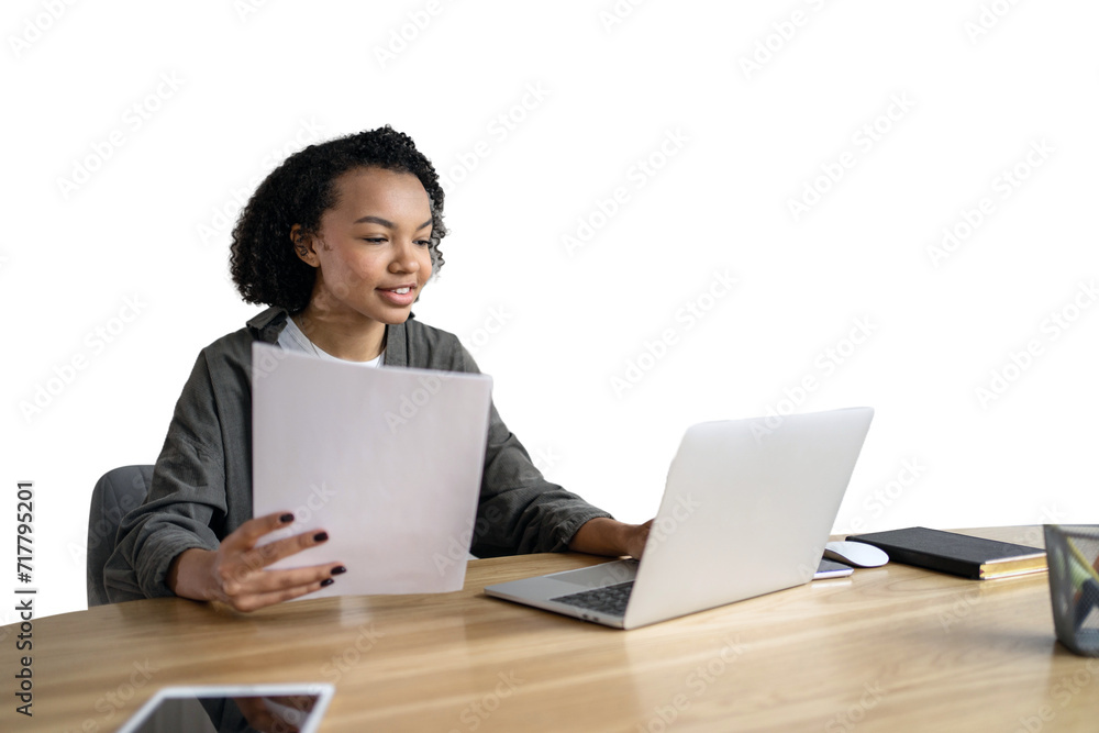 A woman in an online job interview is seen using a laptop to type a response. The background is isolated and transparent. A woman in an online job interview is seen using a laptop to type a response. The background is isolated and transparent.