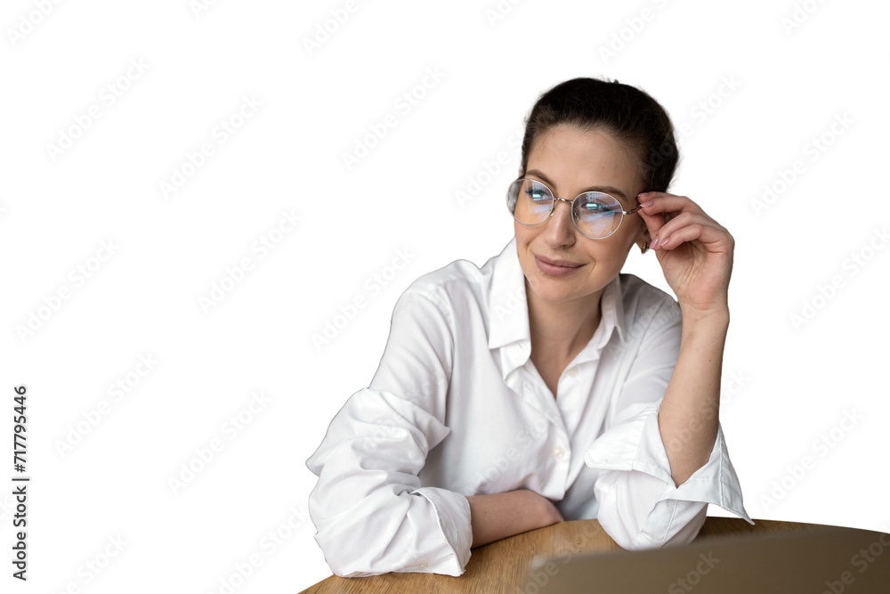 Portrait of a female office worker in a white shirt and glasses, against a clear background. Portrait of a female office worker in a white shirt and glasses, against a clear background.