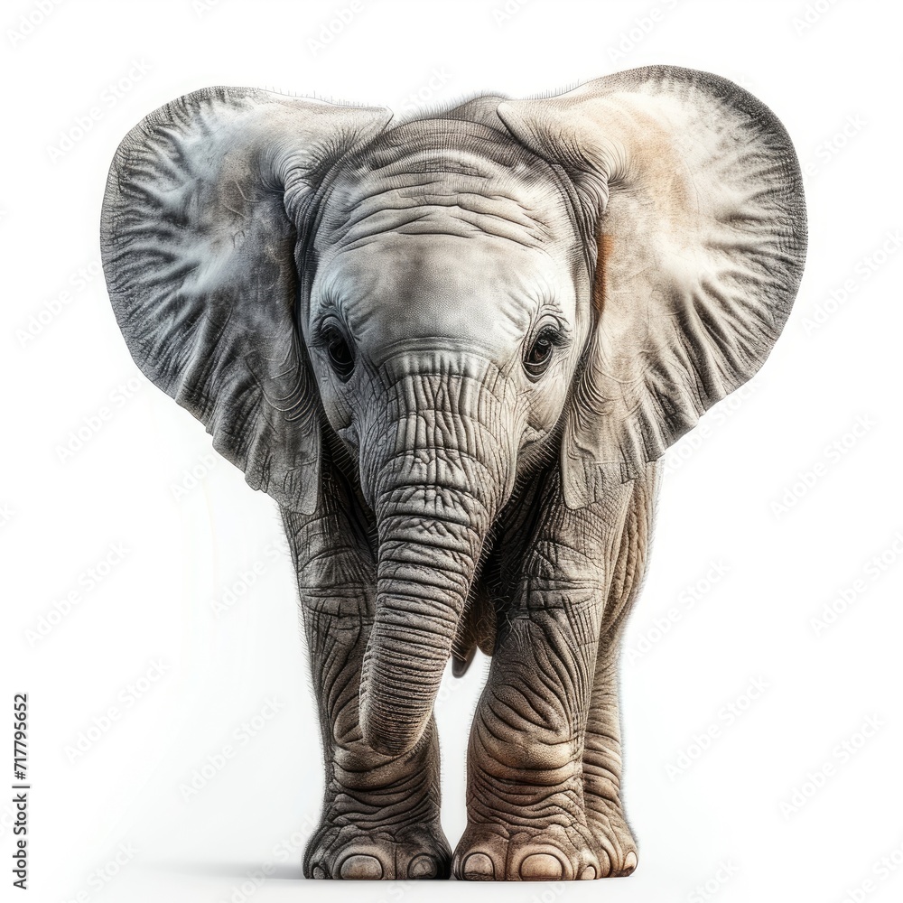 Portrait of a baby elephant isolated on a white background, highlighting its adorable ears and trunk, creating a pure and appealing visual effect, Generative AI