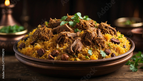a sumptuous plate of traditional lamb biryani, delicately layered and garnished, captured from a captivating side view