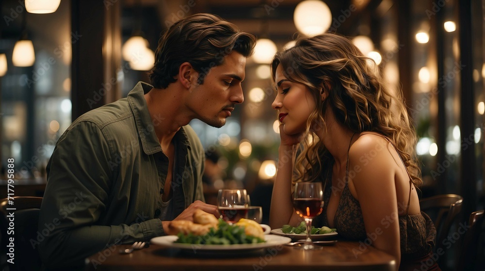 Couple have dinner in a restaurant in a romantic atmosphere Couple have dinner in a restaurant in a romantic atmosphere