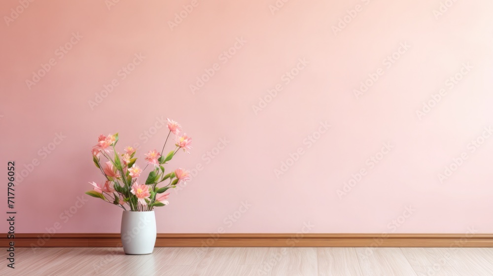 Soft pastel pink wall with potted flower, warm and romantic atmosphere, Valentine's Day, free space for text