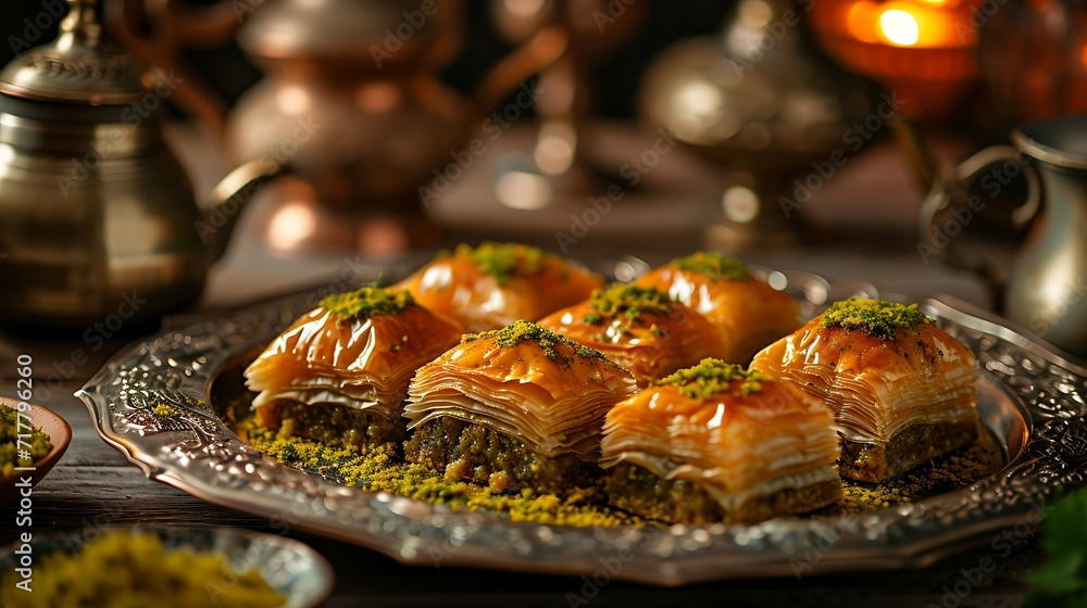 Fototapeta premium Ramadan muslim holiday background wallpaper design, food, sweets, cake, cookies, baklava, kunafa, Qatayef, halva, close up, sweet, sugar, eid al, stock photo