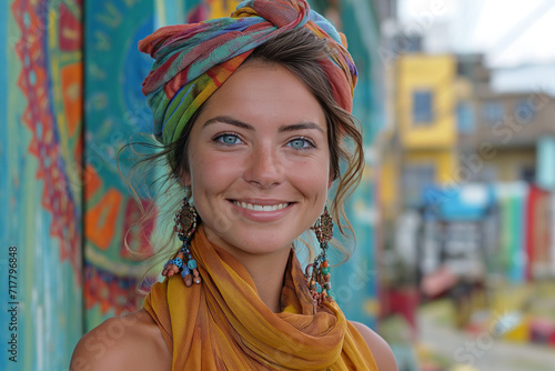 A joyful woman with blue eyes  wearing a colorful headscarf and dangling earrings  with a vibrant mural in the background