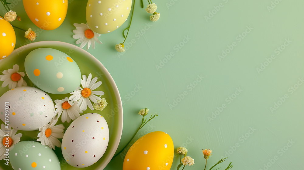 Colorful Easter eggs with flowers on a plate on a light green background. Copy space for text