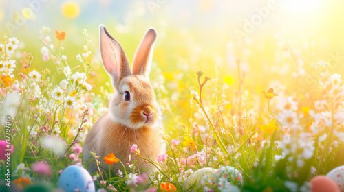 Cute Easter bunny in spring in a field of flowers and Easter eggs. Graphic resource for cards, banner, poster