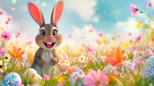 Cartoon of cute Easter bunny in spring in a field of flowers and Easter eggs