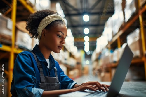 Female African American logistics coordinator in warehouse, using laptop to manage inventory, track shipments, optimizing the supply chain process for efficient distribution, delivery, Generative AI photo