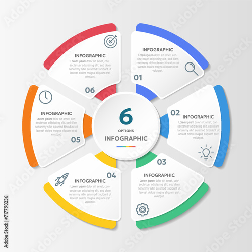 Circle shape infographic chart template with 6 options.	