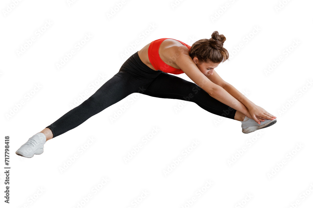 A flexible woman in the form of a young coach practicing some exercises. The background is clear and devoid of distractions.