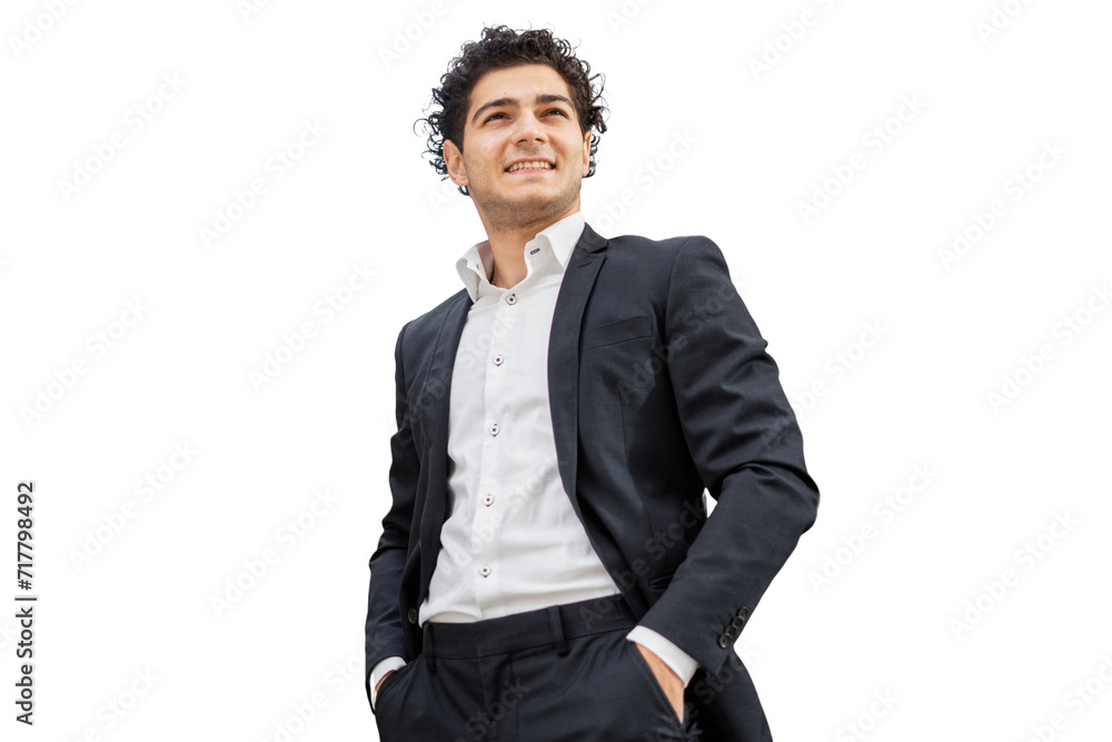 A confident-looking young entrepreneur is seen in a suit, looking away from the camera. The background is transparent and isolated. A confident-looking young entrepreneur is seen in a suit, looking away from the camera. The background is transparent and isolated.