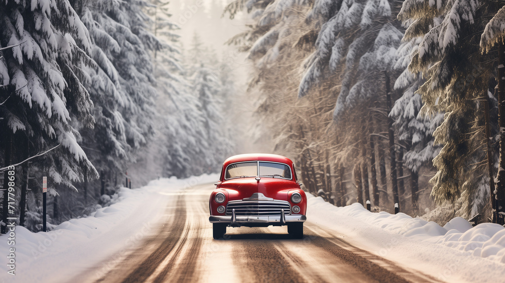 Red car driving next to the spruce on a winter snowy country road Red car driving next to the spruce on a winter snowy country road