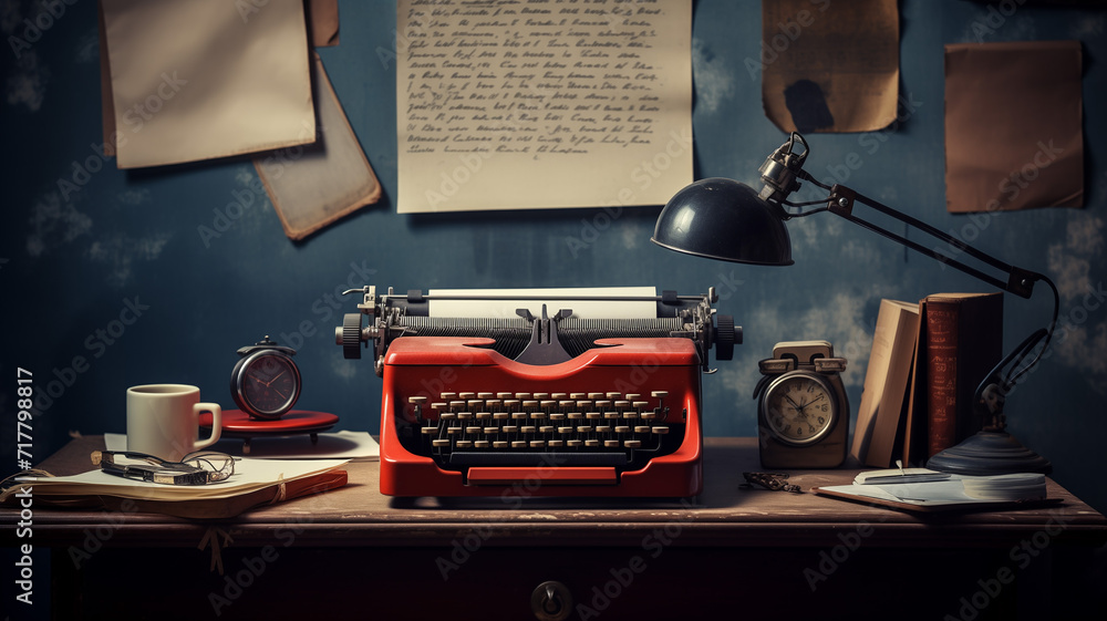 Vintage typewriter and crumpled paper on the blogger desk - obrazy, fototapety, plakaty 