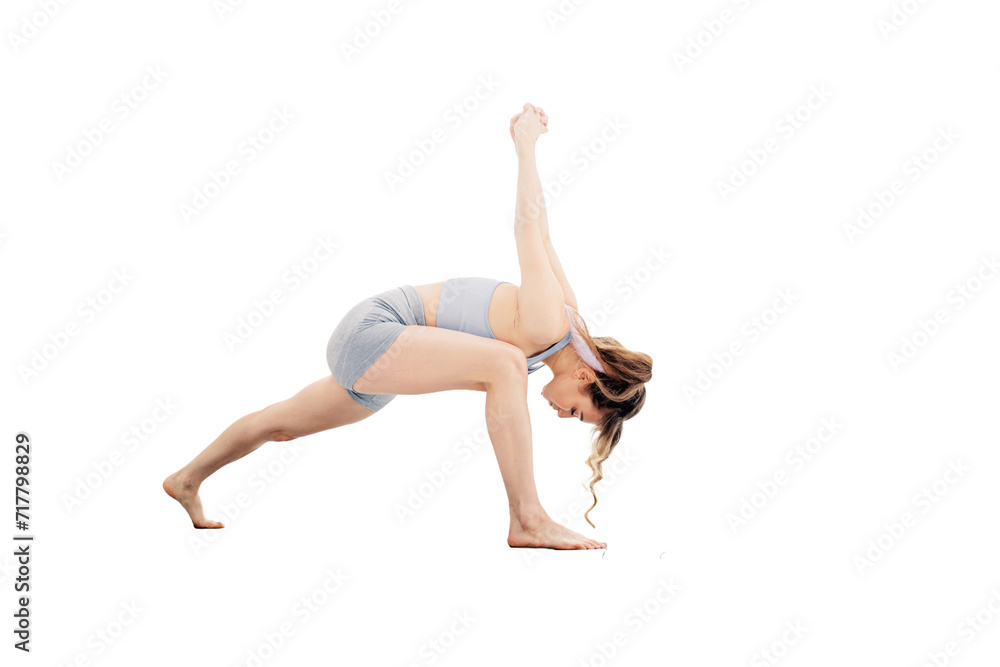 A woman doing yoga poses in workout clothes. The background is transparent.