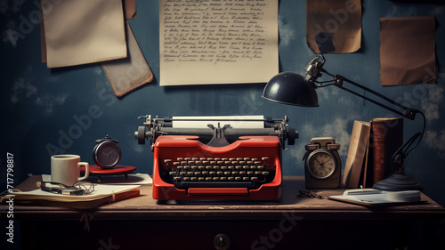 Vintage typewriter and crumpled paper on the blogger desk photo