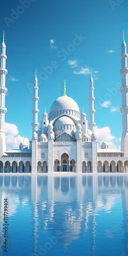 Islamic Mosque With Clear Blue Sky Background, Ramadan Mosque, Eid Mubarak