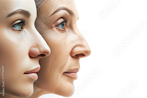 Aging process  rejuvenation anti-aging skin procedures old and young faces isolated on white background