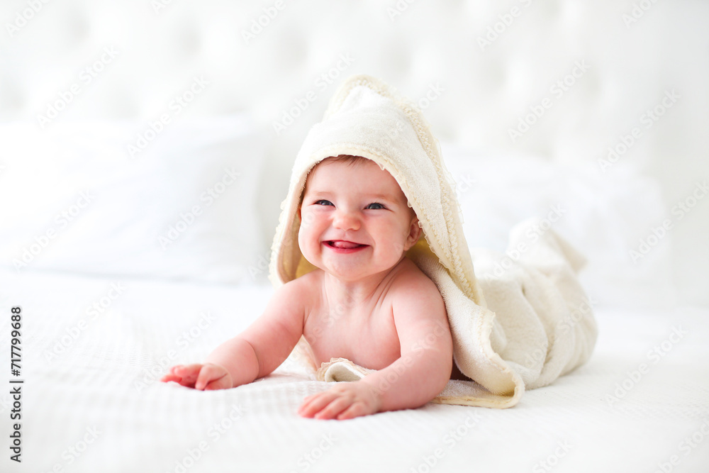 Six month baby wearing towel after bath Six month baby wearing towel after bath