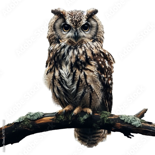 owl on a branch isolated on transparent or white background, PNG