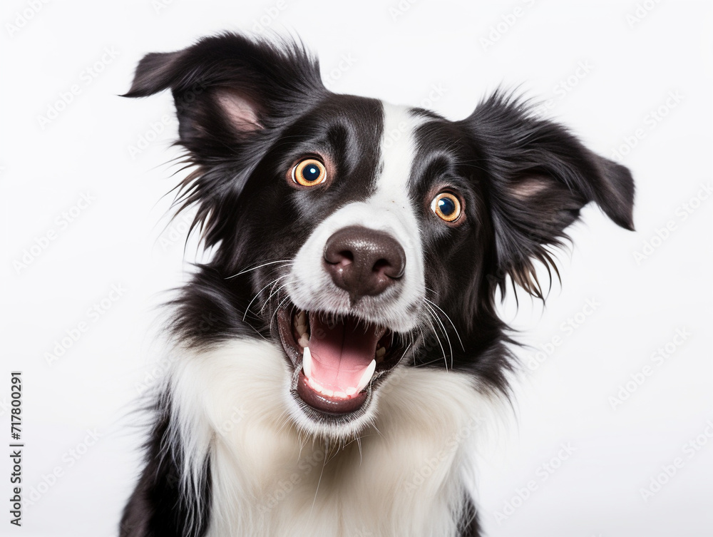 Close up portrait of cute happy black and white dog on white background
Generative AI	
