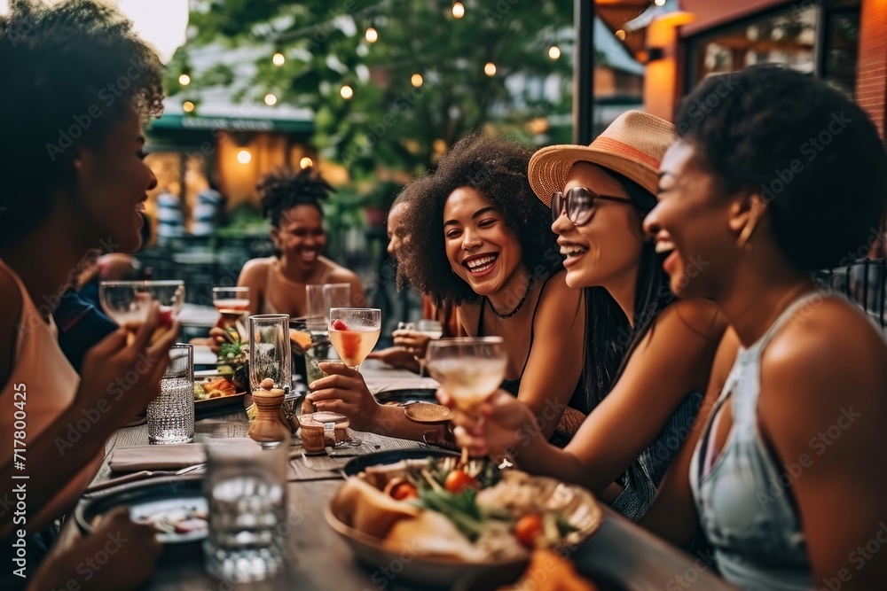 Group of friends laughing, enjoying dinner at outdoor restaurant during summer, creating cherished memories, Generative AI