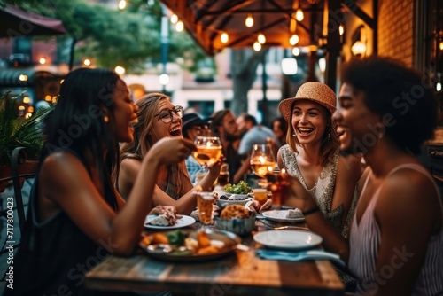 Group of friends laughing, enjoying dinner at outdoor restaurant during summer, creating cherished memories, Generative AI photo