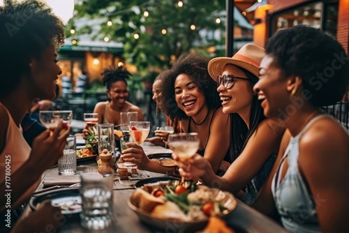 Group of friends laughing, enjoying dinner at outdoor restaurant during summer, creating cherished memories, Generative AI